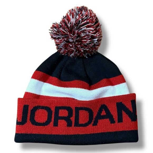 Jordan Pom Beanie Unisex Red White Black Striped Jumpman Hat Toque OSFM - Picture 1 of 7